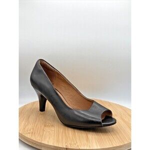 Clarks Artisan Peep Toe Pump Black Leather Comfort Heels Minimalist Womens 9Wide